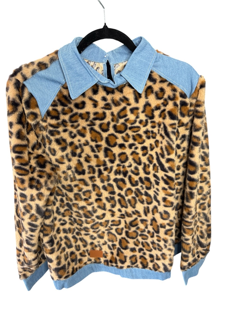Leopard Faux Fur Pullover with Denim Collar